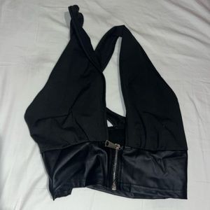 Faux leather mixed material crop top